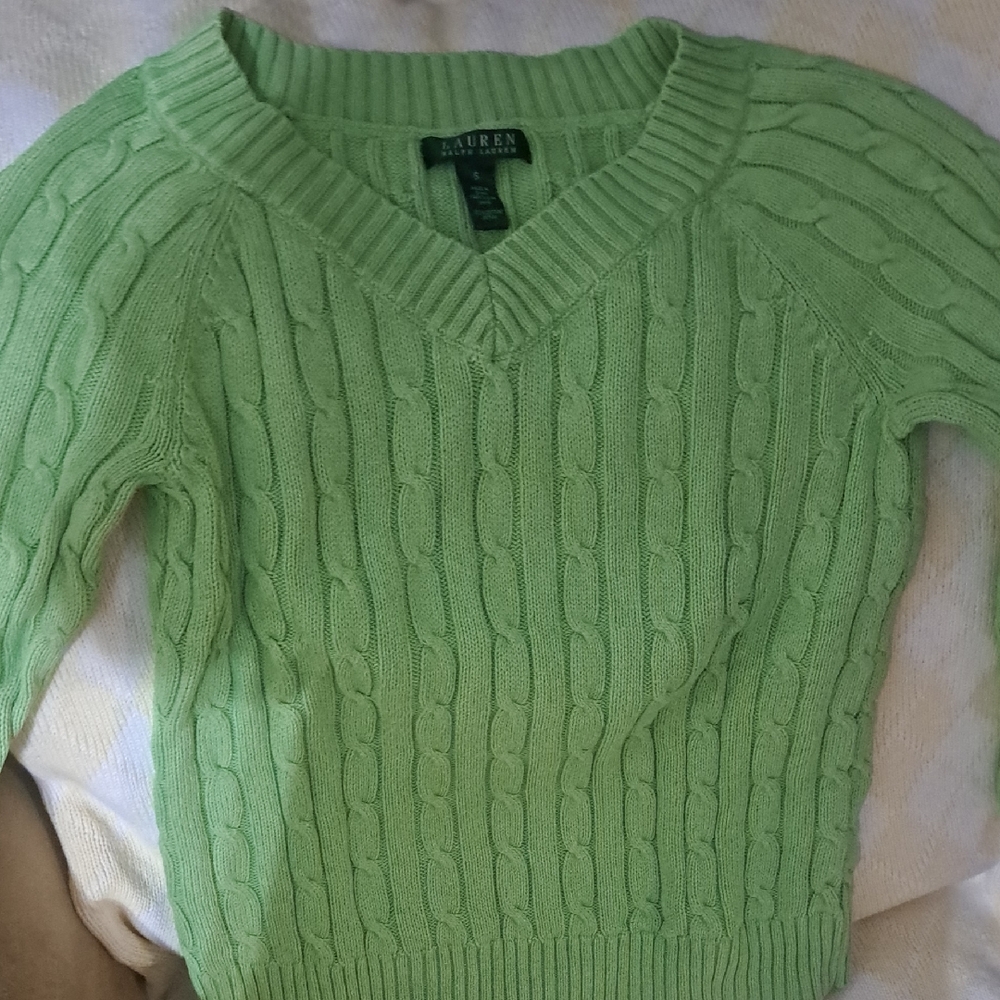 Lauren Ralph Lauren Light Green Cable-Knit V-Neck Sweater